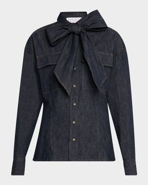 Lightweight Denim Shirt With Removable Bow