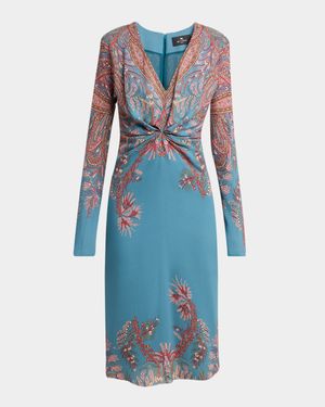 Floral Paisley Long-Sleeve Ruched Cady Dress