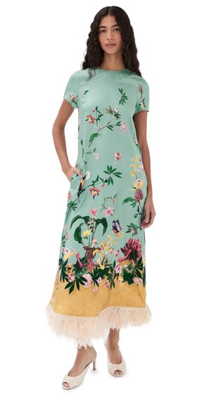 La DoubleJ Silk Swing Dress with Feathers Zooflora Panel M