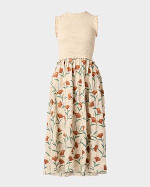 Roberta Smocked Floral-Embroidered Midi Dress