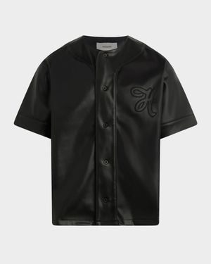 Men's Tonal Embroidered Faux Leather Baseball Jersey