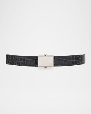 Men's Square-Buckle Reversible Croc-Effect Leather Belt