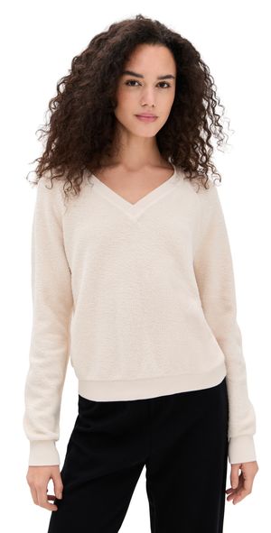 perfectwhitetee Zuri Reverse Fleece V Neck Sweater Sugar M