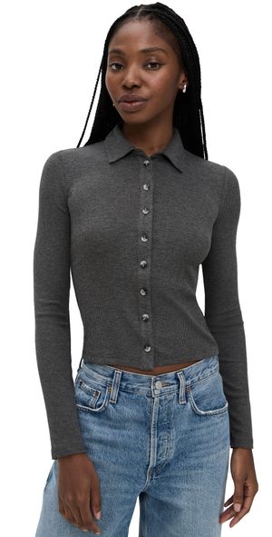 perfectwhitetee Luxe Rib Long Sleeve Button Polo Charcoal S