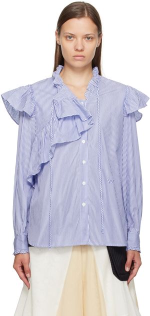 OPEN YY Blue Unbalanced Stripe Ruffle Shirt