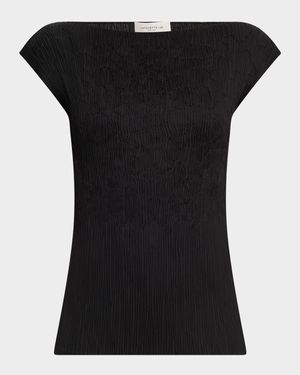 Cap-Sleeve Embroidered Plisse Blouse