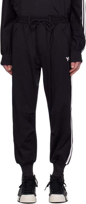 Y-3 Pantalon de survêtement noir à trois rayures et à revers en tricot côtelé