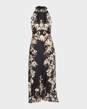 Michelle Floral Satin Draped Halter Midi Dress