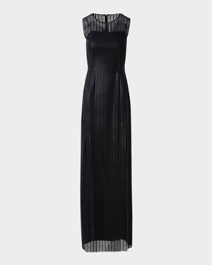 Stripes Embroidered Techno Sleeveless Slits Gown