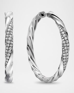 Cable Edge Hoop Earrings with Diamonds in Silver, 4mm, 1.5"L