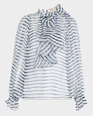 Bow-Neck Ruffle Striped Organza Blouse With Tank