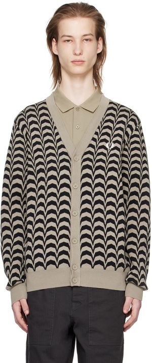 Fred Perry Cardigan taupe et noir à motif chevronné en tricot jacquard