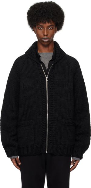 AURALEE Cardigan noir tricoté à la main en laine et soie