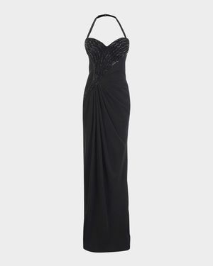 Athena Embroidered Draped Halter Gown