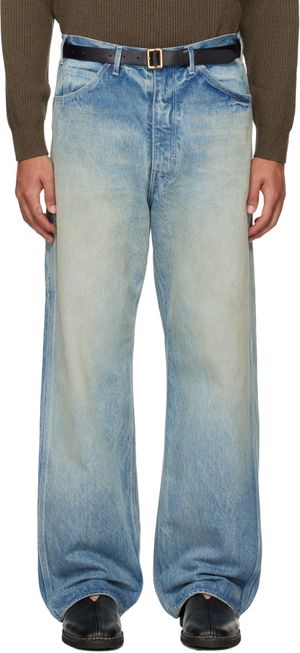 AURALEE Jean de peintre bleu en denim épais à lisière à effet délavé