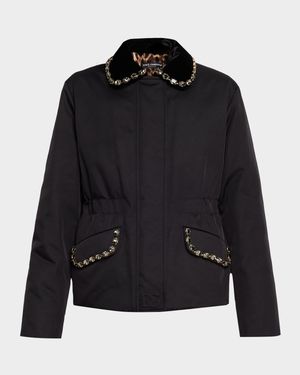 Crystal Velvet-Collar Nylon Barn Jacket