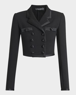Satin-Trim Double-Breasted Crepe Crop Jacket