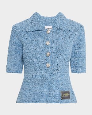 Hand-Knit Denim Polo Top