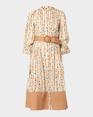 Bria Belted Brushstroke-Print Cotton Midi Dress