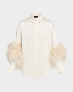Satin Button-Down Blouse With Feather Trim