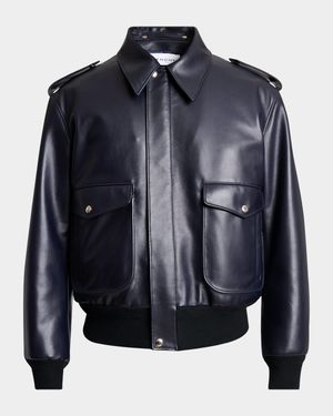 Men's Leather Concealed-Zip Bomber Jacket