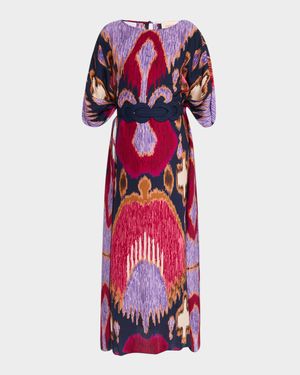 Elizabeth Ikat-Print Belted Maxi Kaftan Dress