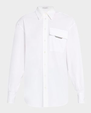 Button-Front Poplin Shirt with Monili Pocket