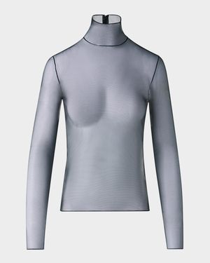 Mock-Neck Stretch Tulle Fitted Long-Sleeve Shirt