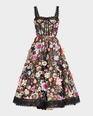 Amanda Embroidered Lace-Trim Corset Midi Dress