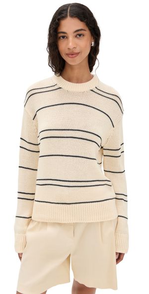 Vince Variegated Stripe Crew Neck Oat Shell/Navy L