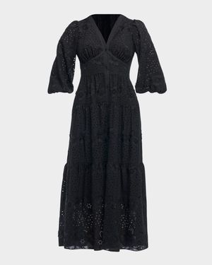 Sicily 3/4-Sleeve Floral Embroidered Midi Dress