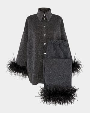 Cosmos Cropped Feather-Trim Metallic Pajama Set