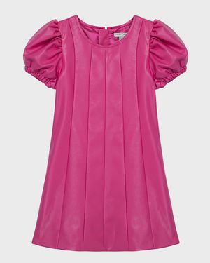 Girl's Faux Leather Puff Sleeves Dress, Size 2-6