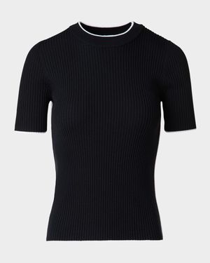 Contrast Piping Short-Sleeve Rib Sweater
