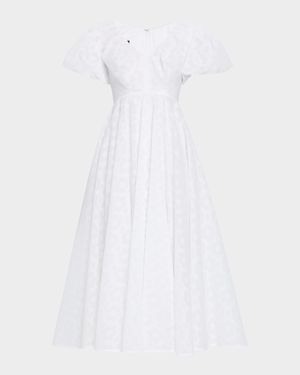 Pril Flower Organdi Puff-Sleeve Midi Dress