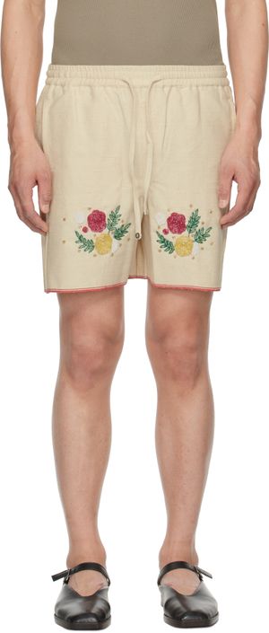 HARAGO Off-White Beadwork Floral Shorts