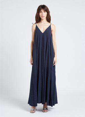 Collectors Club - Robe longue Col V en coton - Taille 38 - Bleu