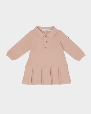 Girl's Long-Sleeve Pleated-Skirt Polo Dress, Size 12M-3