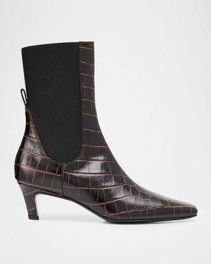 The Mid Heel Croc-Embossed Leather Ankle Booties
