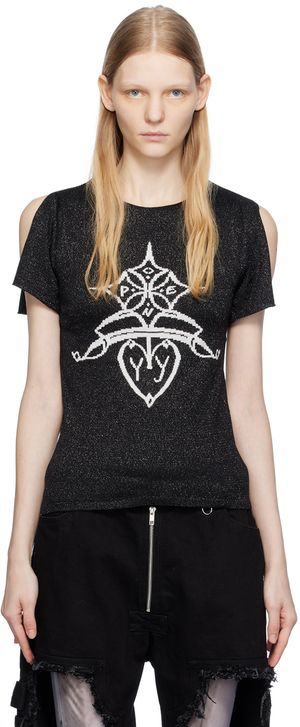 OPEN YY T-shirt noir à image en tricot jacquard