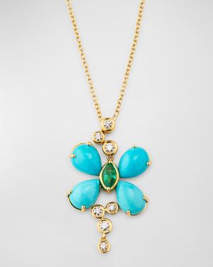 18K Yellow Gold Pendant Necklace with Diamonds, Turquoise and Emerald