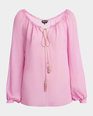 Long-Sleeve Drawstring Silk Georgette Blouse