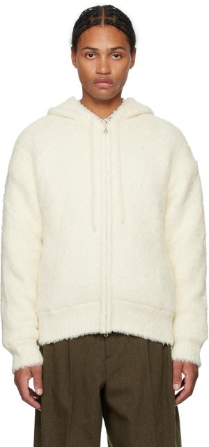 AMOMENTO Off-White Furry Zip-Up Hoodie
