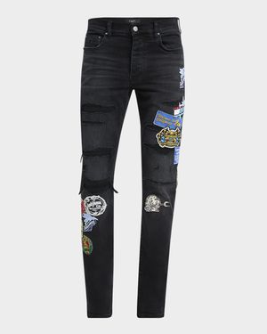 Men's Patchwork Slim-Fit Distressed Jeans