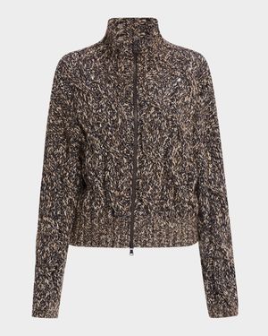 Paillette Marbled Mohair Cable Knit Zip Cardigan