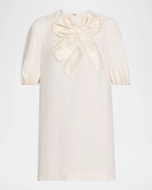 Bow Puff-Sleeve Mini Shift Dress