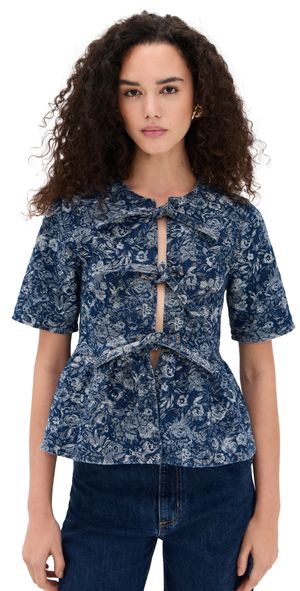 GANNI Tapestry Denim Peplum Blouse Mid Blue Stone 34