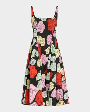 Sleeveless Rose-Print Cotton Poplin Midi Dress
