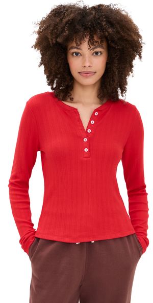 Z Supply Holly Pointelle Long Sleeve Top Festive Red L