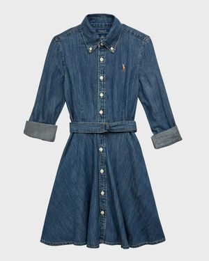 Girl's Denim Belted Shirt Dress, Size 7-14